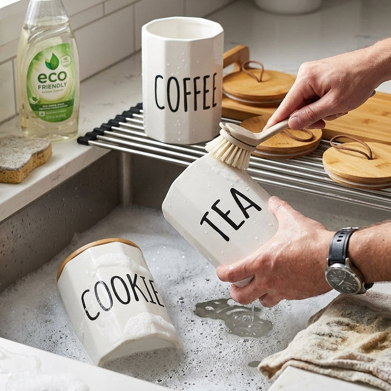 Coffret de 3 pots en porcelaine avec support I Rangement & Déco