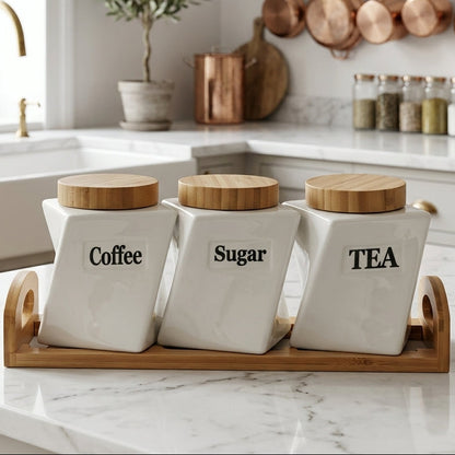 Coffret de 3 pots en porcelaine avec support I Rangement & Déco