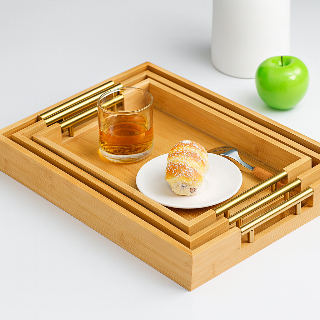 Lot de 3 Plateaux Carré En Bambou avec Poignées Dorée