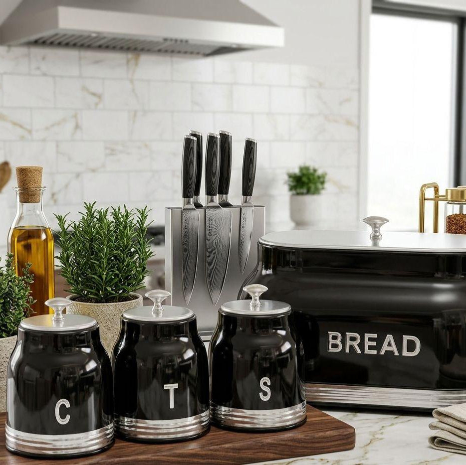 Set Boîte à Pain & 3 Bocaux Gourmet & Collection Rétro Chic