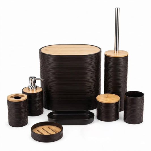 Set De Salle De Bain 8 Pièces En Plastique & Bambou