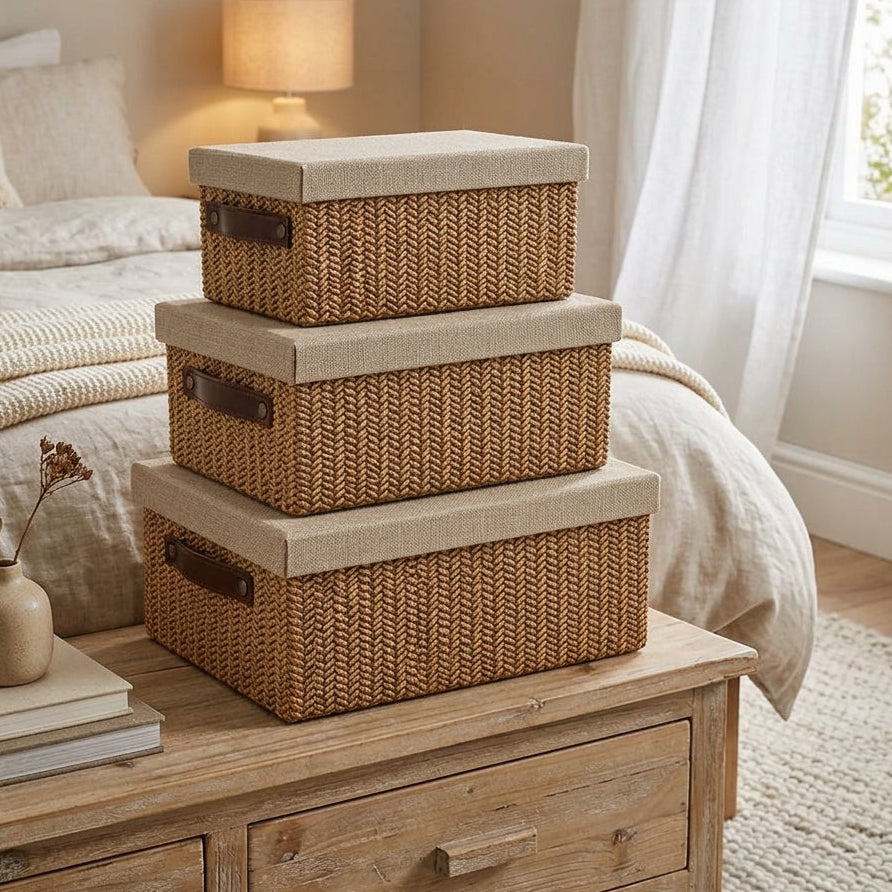 Lots de 3 Paniers de Rangement Tressés avec Couvercle