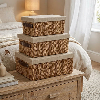 Lots de 3 Paniers de Rangement Tressés avec Couvercle