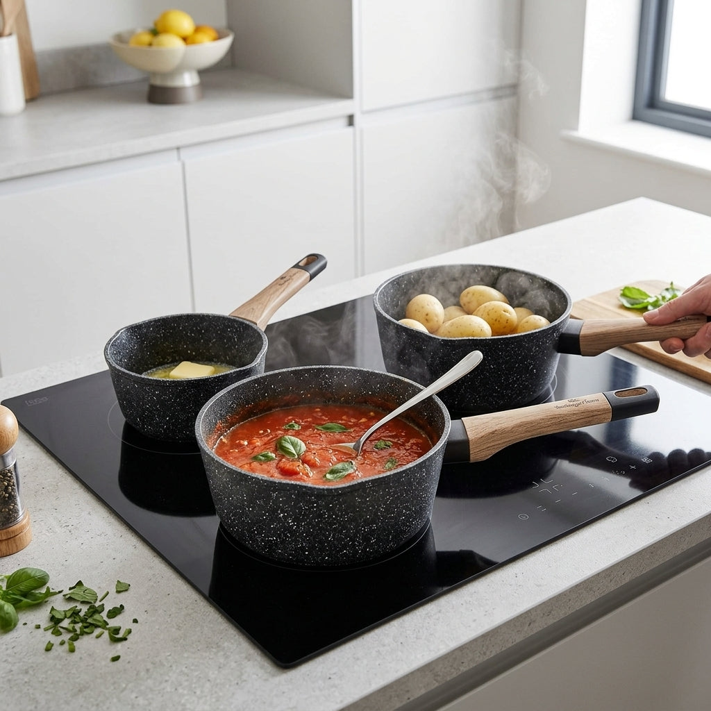 Set de 3 Casseroles en Granite I Haute Résistance & Zéro Accroche