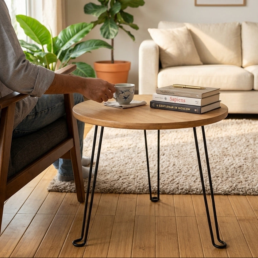 Table Basse Ronde Pliante en Bois I Pieds Métal