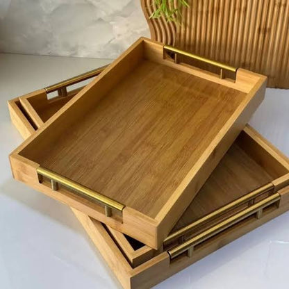 Lot de 3 Plateaux Carré En Bambou avec Poignées Dorée