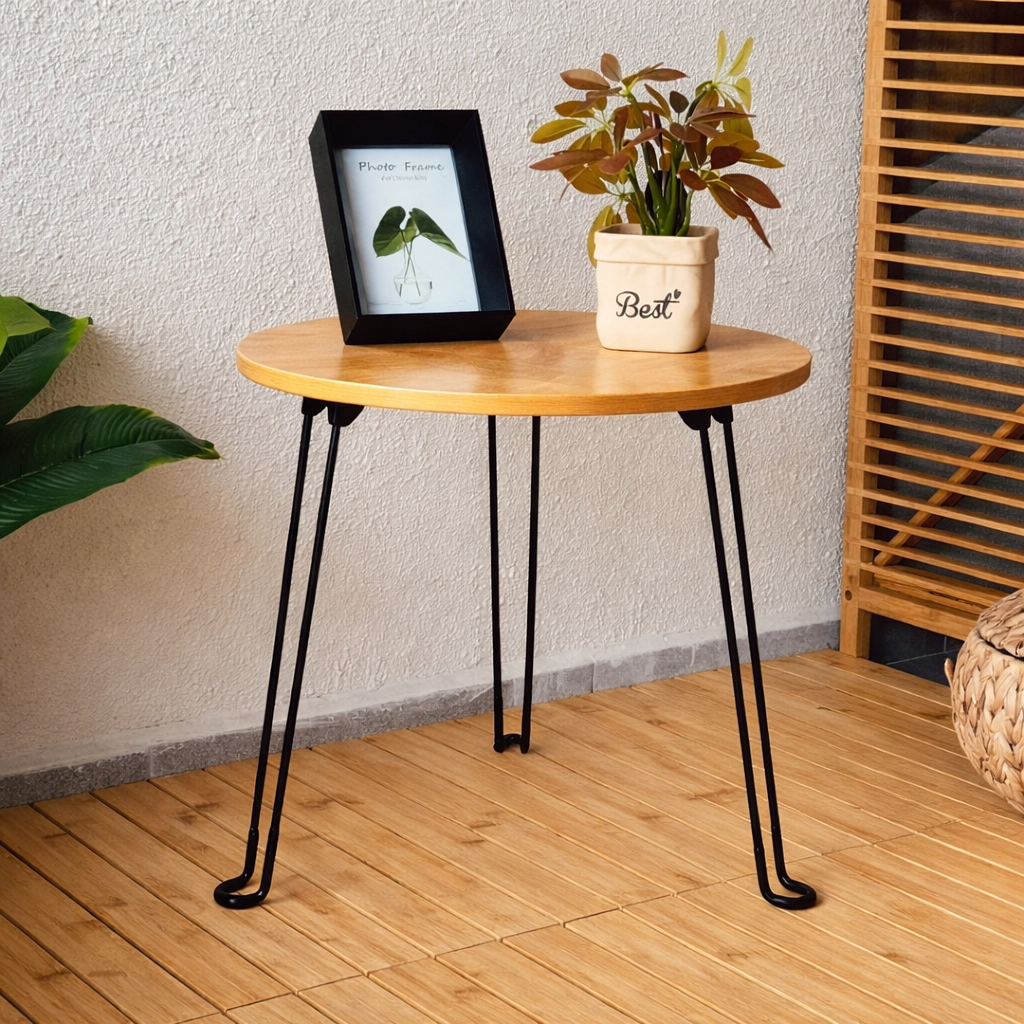 Table Basse Ronde Pliante en Bois I Pieds Métal